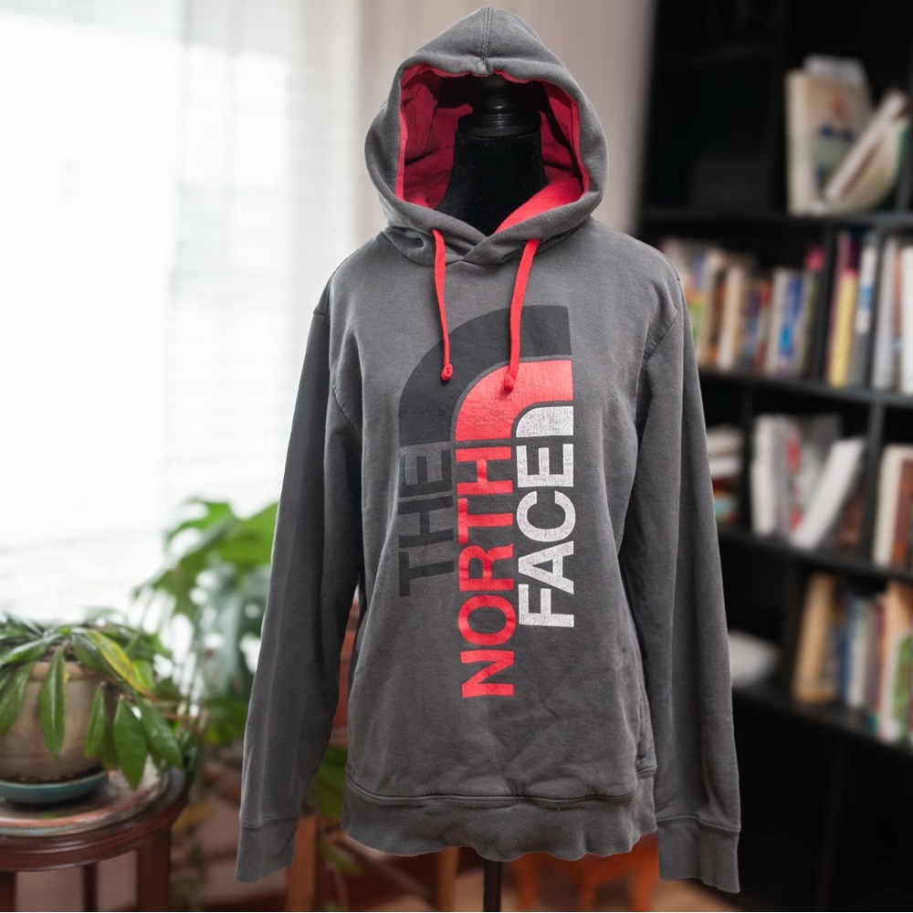 The North Face Hoodie Mens M Gray Red Logo Streetwear Pullover 2010s Gorpcore